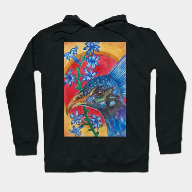 Blue peacock bird and flowers Hoodie by deadblackpony